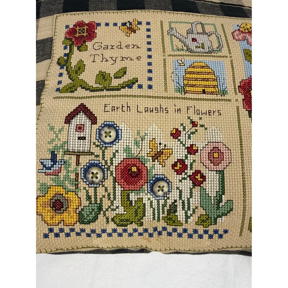 Vintage Cross‎ Stitch Garden Thyme Throw Pillow Buffalo Check Farmhouse Decor